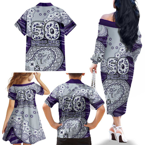 Fremantle Dockers NAIDOC Week 2026 Family Matching Off The Shoulder Long Sleeve Dress and Hawaiian Shirt Australian Aboriginal Dot Art Dreamtime Pattern Style