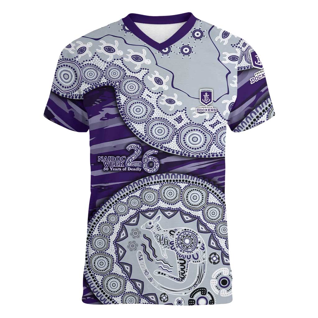 Fremantle Dockers NAIDOC Week 2026 Women V-Neck T-Shirt Australian Aboriginal Dot Art Dreamtime Pattern Style