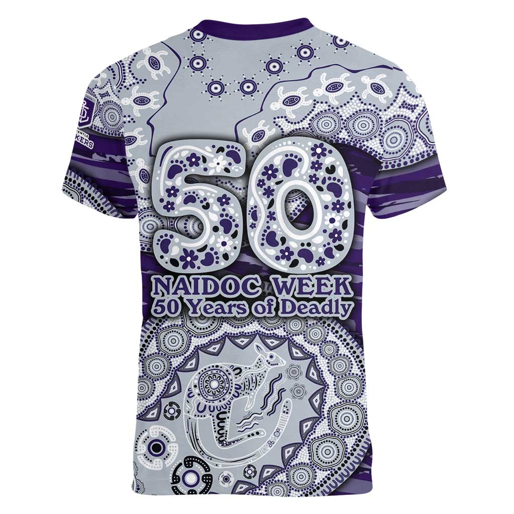 Fremantle Dockers NAIDOC Week 2026 Women V-Neck T-Shirt Australian Aboriginal Dot Art Dreamtime Pattern Style