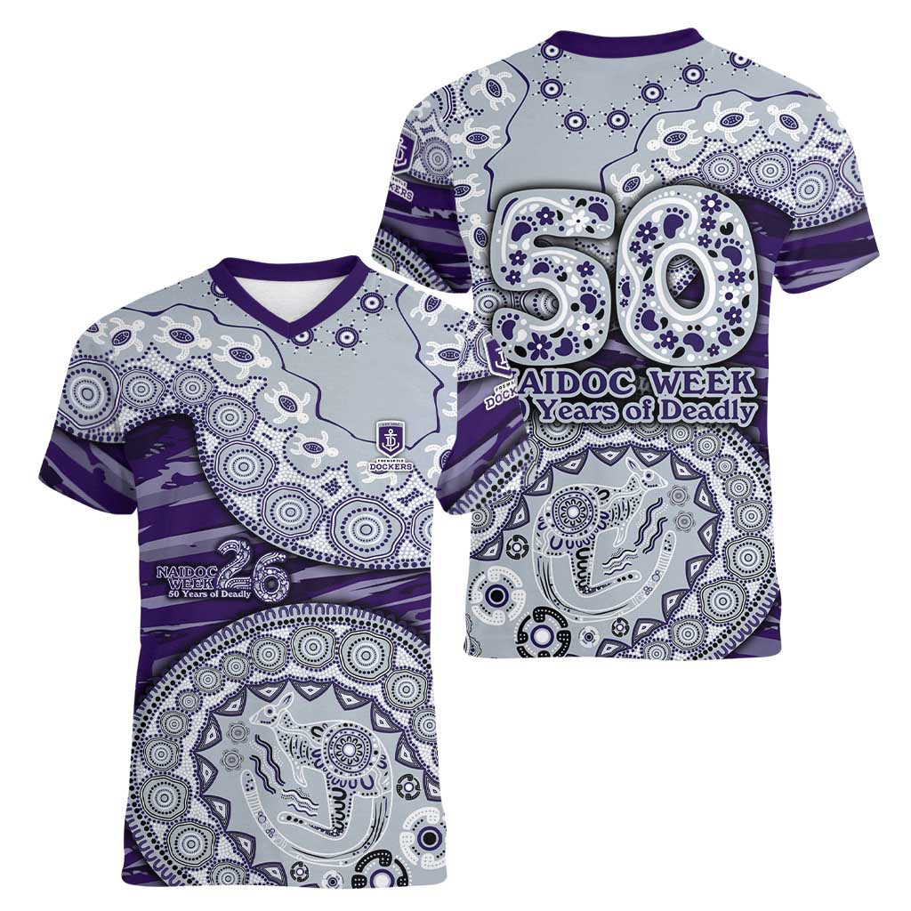 Fremantle Dockers NAIDOC Week 2026 Women V-Neck T-Shirt Australian Aboriginal Dot Art Dreamtime Pattern Style