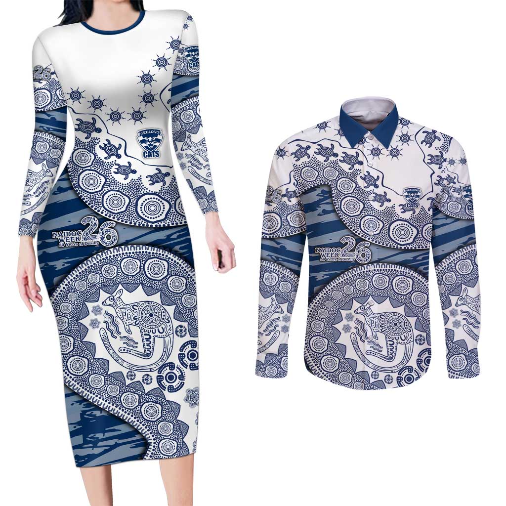 Geelong Cats NAIDOC Week 2026 Couples Matching Long Sleeve Bodycon Dress and Long Sleeve Button Shirt Australian Aboriginal Dot Art Dreamtime Pattern Style