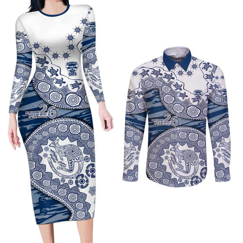 Geelong Cats NAIDOC Week 2026 Couples Matching Long Sleeve Bodycon Dress and Long Sleeve Button Shirt Australian Aboriginal Dot Art Dreamtime Pattern Style