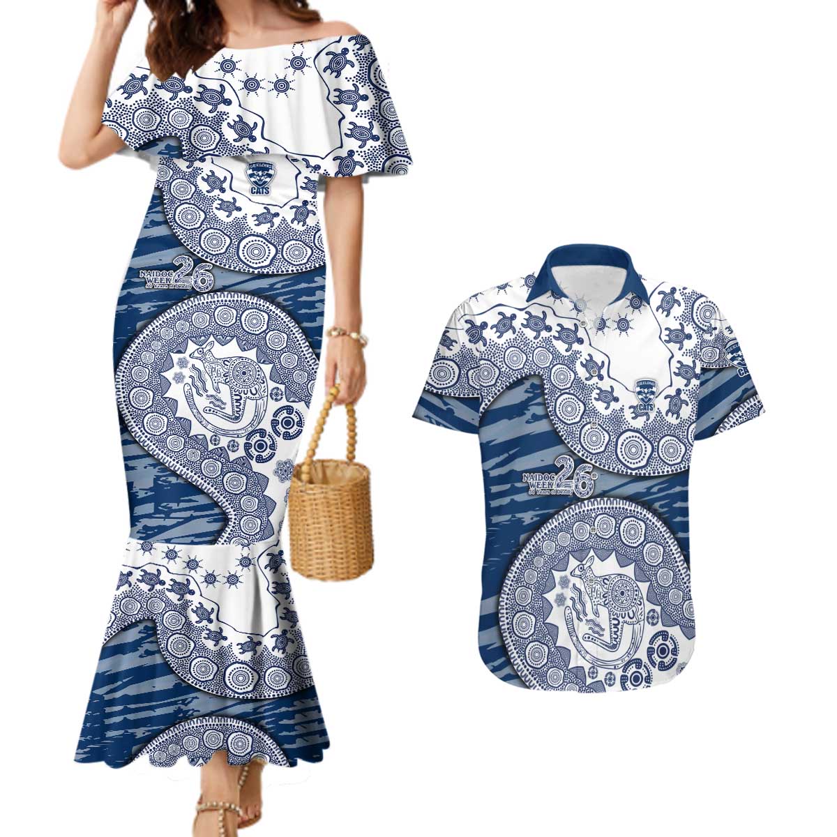 Geelong Cats NAIDOC Week 2026 Couples Matching Mermaid Dress and Hawaiian Shirt Australian Aboriginal Dot Art Dreamtime Pattern Style