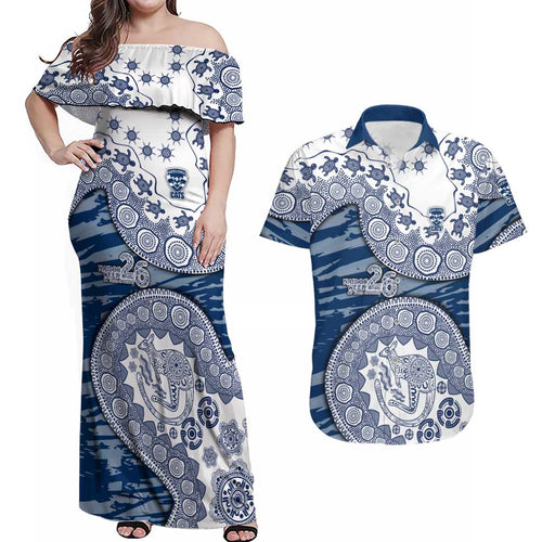 Geelong Cats NAIDOC Week 2026 Couples Matching Off Shoulder Maxi Dress and Hawaiian Shirt Australian Aboriginal Dot Art Dreamtime Pattern Style
