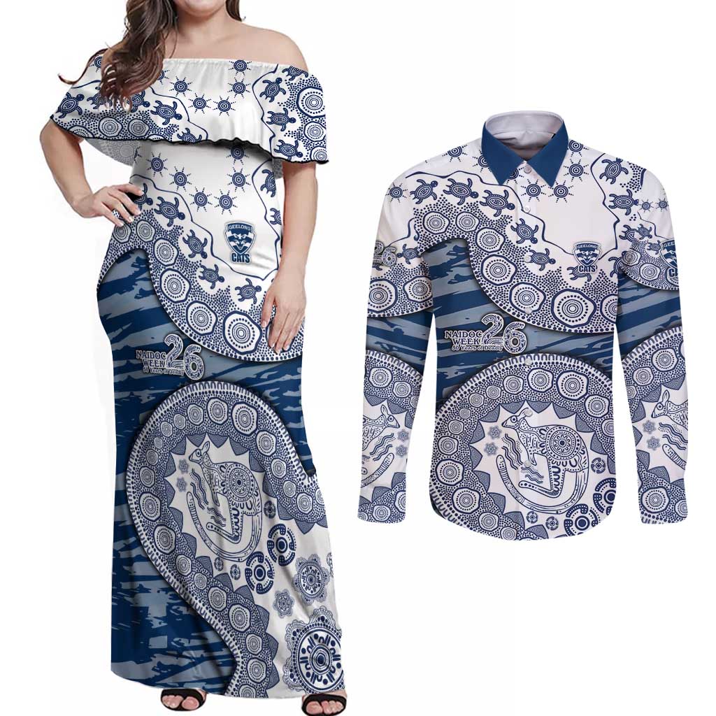 Geelong Cats NAIDOC Week 2026 Couples Matching Off Shoulder Maxi Dress and Long Sleeve Button Shirt Australian Aboriginal Dot Art Dreamtime Pattern Style