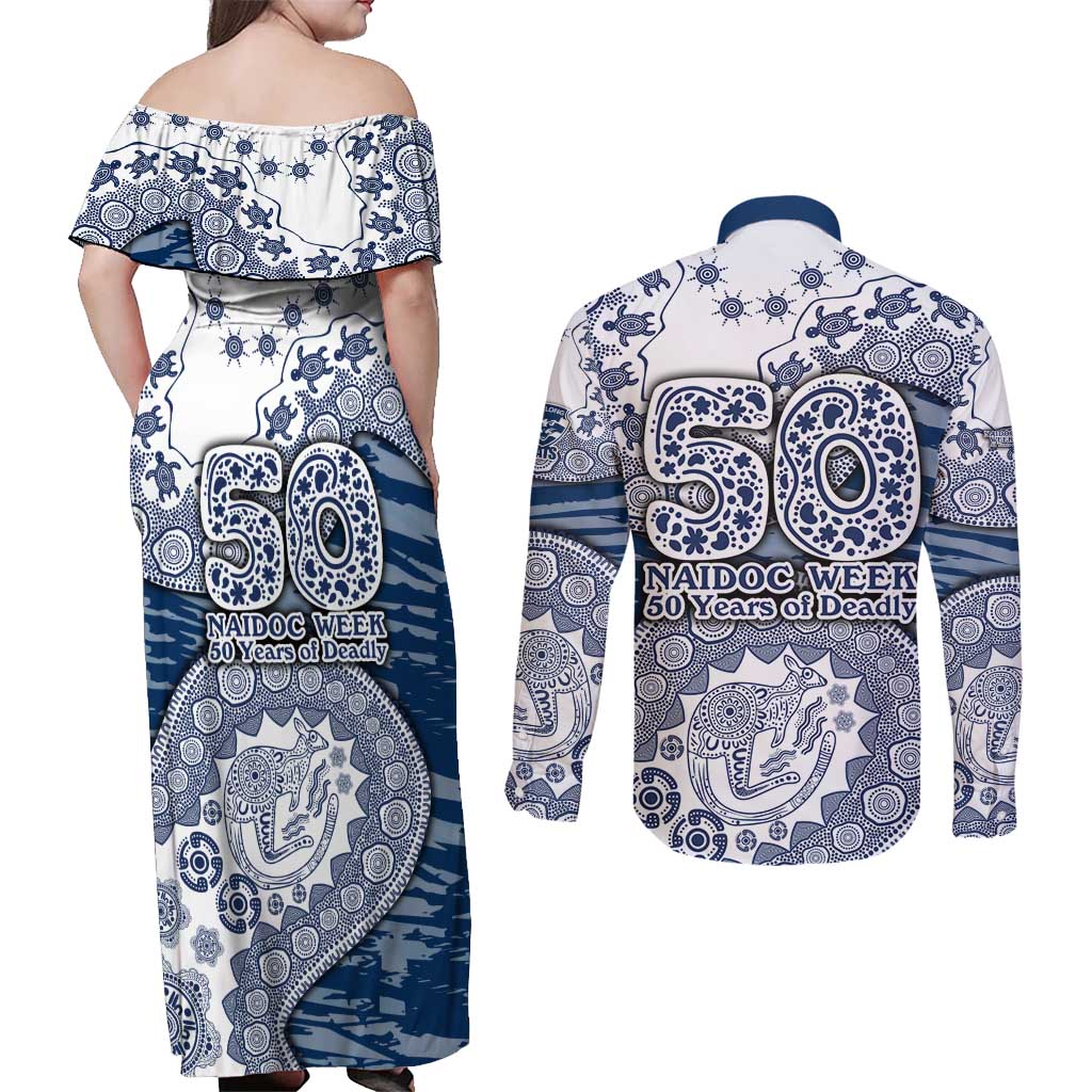 Geelong Cats NAIDOC Week 2026 Couples Matching Off Shoulder Maxi Dress and Long Sleeve Button Shirt Australian Aboriginal Dot Art Dreamtime Pattern Style