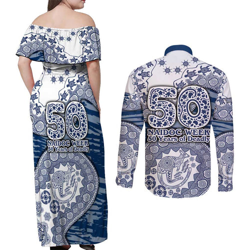 Geelong Cats NAIDOC Week 2026 Couples Matching Off Shoulder Maxi Dress and Long Sleeve Button Shirt Australian Aboriginal Dot Art Dreamtime Pattern Style