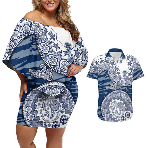 Geelong Cats NAIDOC Week 2026 Couples Matching Off Shoulder Short Dress and Hawaiian Shirt Australian Aboriginal Dot Art Dreamtime Pattern Style