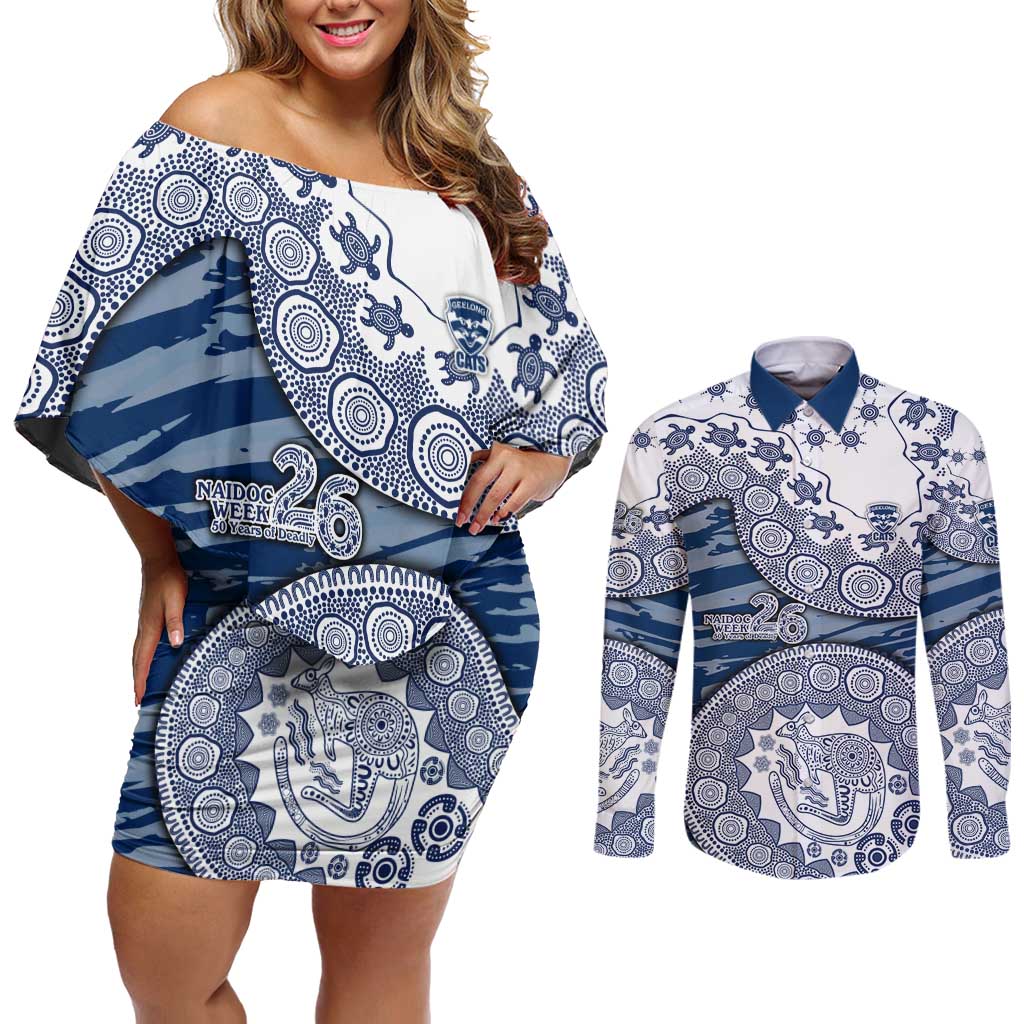 Geelong Cats NAIDOC Week 2026 Couples Matching Off Shoulder Short Dress and Long Sleeve Button Shirt Australian Aboriginal Dot Art Dreamtime Pattern Style