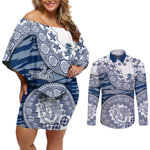 Geelong Cats NAIDOC Week 2026 Couples Matching Off Shoulder Short Dress and Long Sleeve Button Shirt Australian Aboriginal Dot Art Dreamtime Pattern Style
