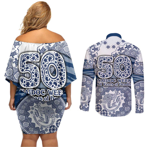 Geelong Cats NAIDOC Week 2026 Couples Matching Off Shoulder Short Dress and Long Sleeve Button Shirt Australian Aboriginal Dot Art Dreamtime Pattern Style