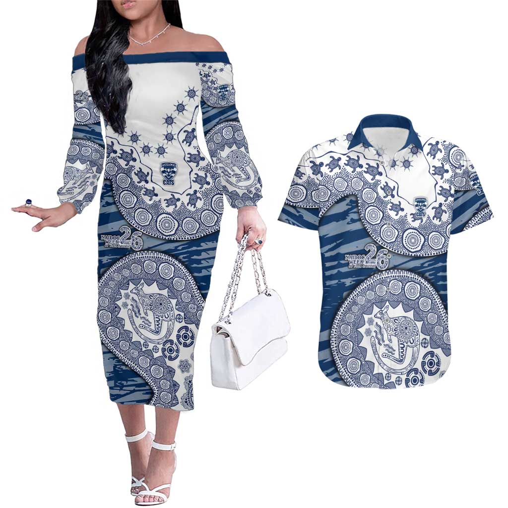 Geelong Cats NAIDOC Week 2026 Couples Matching Off The Shoulder Long Sleeve Dress and Hawaiian Shirt Australian Aboriginal Dot Art Dreamtime Pattern Style