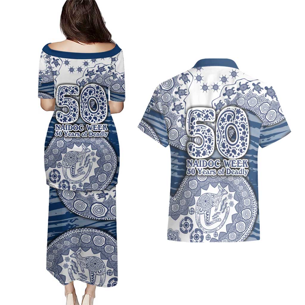 Geelong Cats NAIDOC Week 2026 Couples Matching Puletasi and Hawaiian Shirt Australian Aboriginal Dot Art Dreamtime Pattern Style