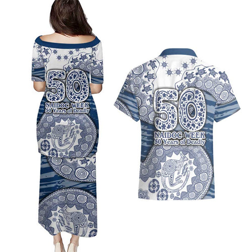 Geelong Cats NAIDOC Week 2026 Couples Matching Puletasi and Hawaiian Shirt Australian Aboriginal Dot Art Dreamtime Pattern Style