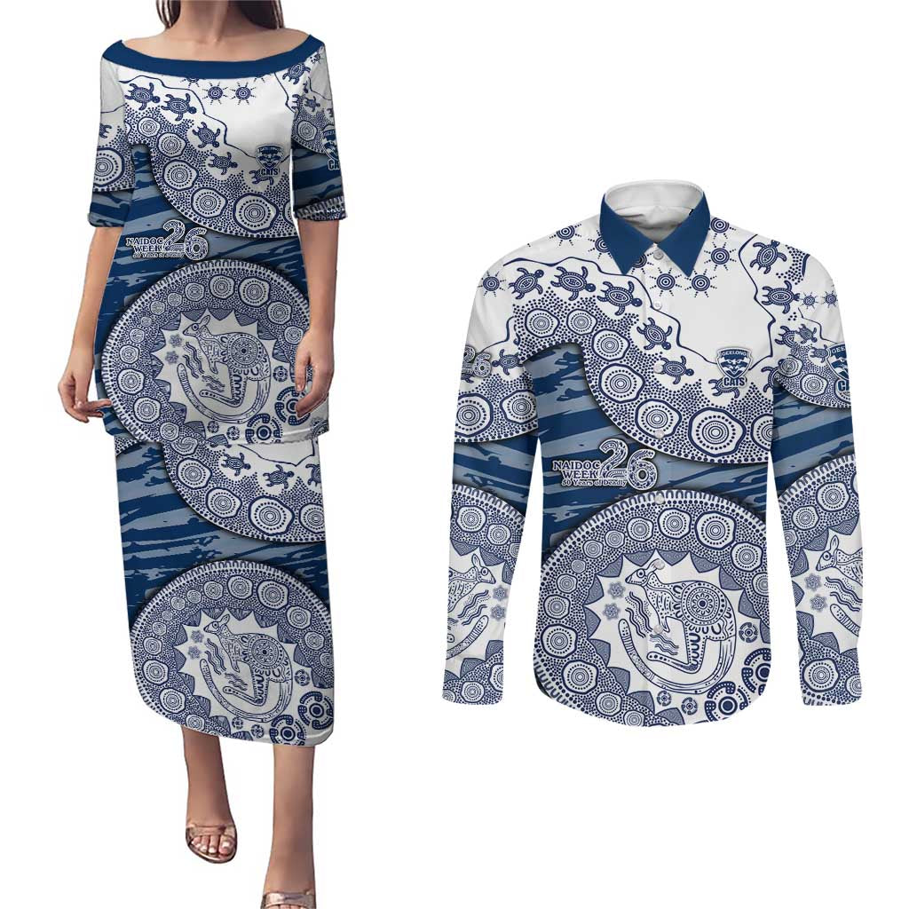 Geelong Cats NAIDOC Week 2026 Couples Matching Puletasi and Long Sleeve Button Shirt Australian Aboriginal Dot Art Dreamtime Pattern Style