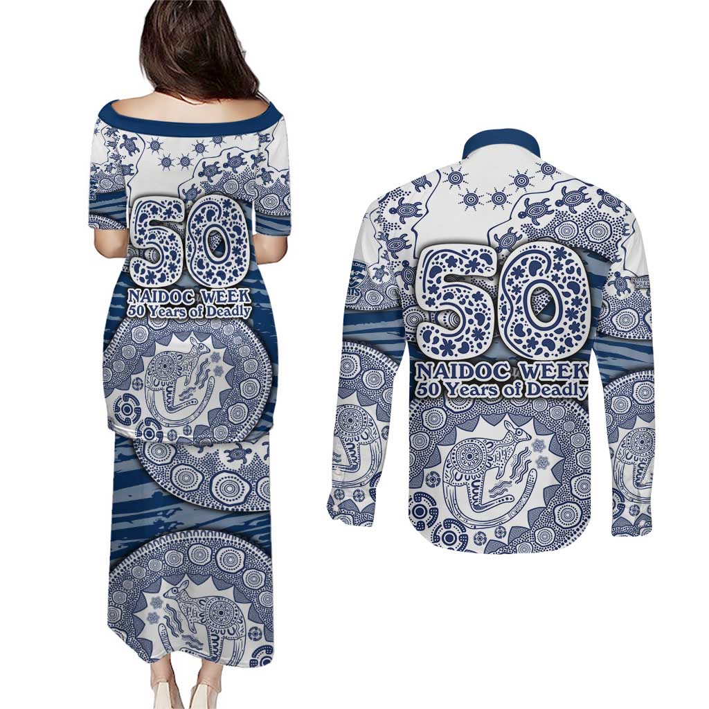Geelong Cats NAIDOC Week 2026 Couples Matching Puletasi and Long Sleeve Button Shirt Australian Aboriginal Dot Art Dreamtime Pattern Style
