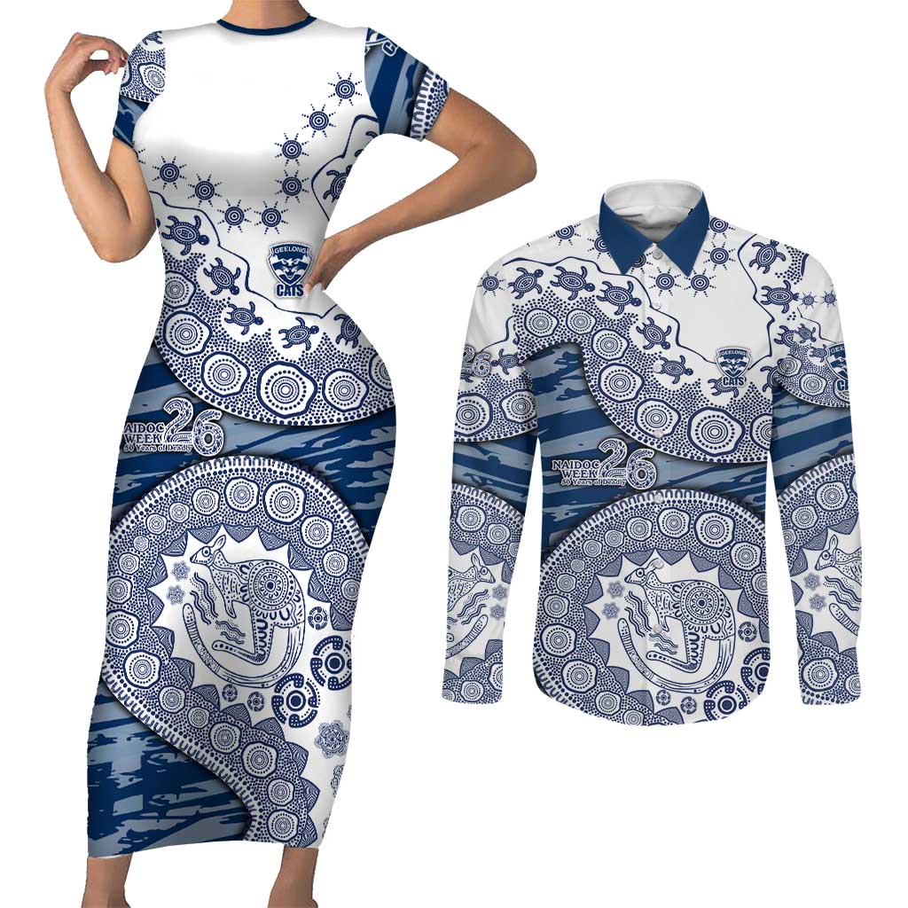 Geelong Cats NAIDOC Week 2026 Couples Matching Short Sleeve Bodycon Dress and Long Sleeve Button Shirt Australian Aboriginal Dot Art Dreamtime Pattern Style
