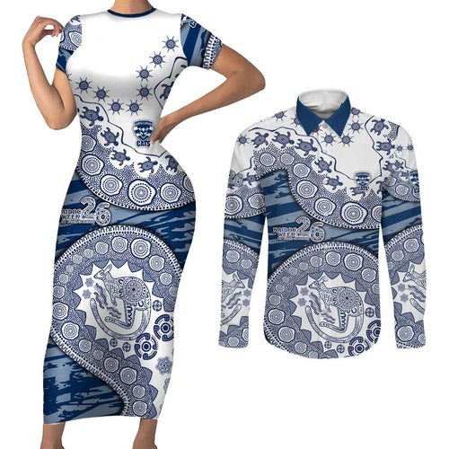 Geelong Cats NAIDOC Week 2026 Couples Matching Short Sleeve Bodycon Dress and Long Sleeve Button Shirt Australian Aboriginal Dot Art Dreamtime Pattern Style