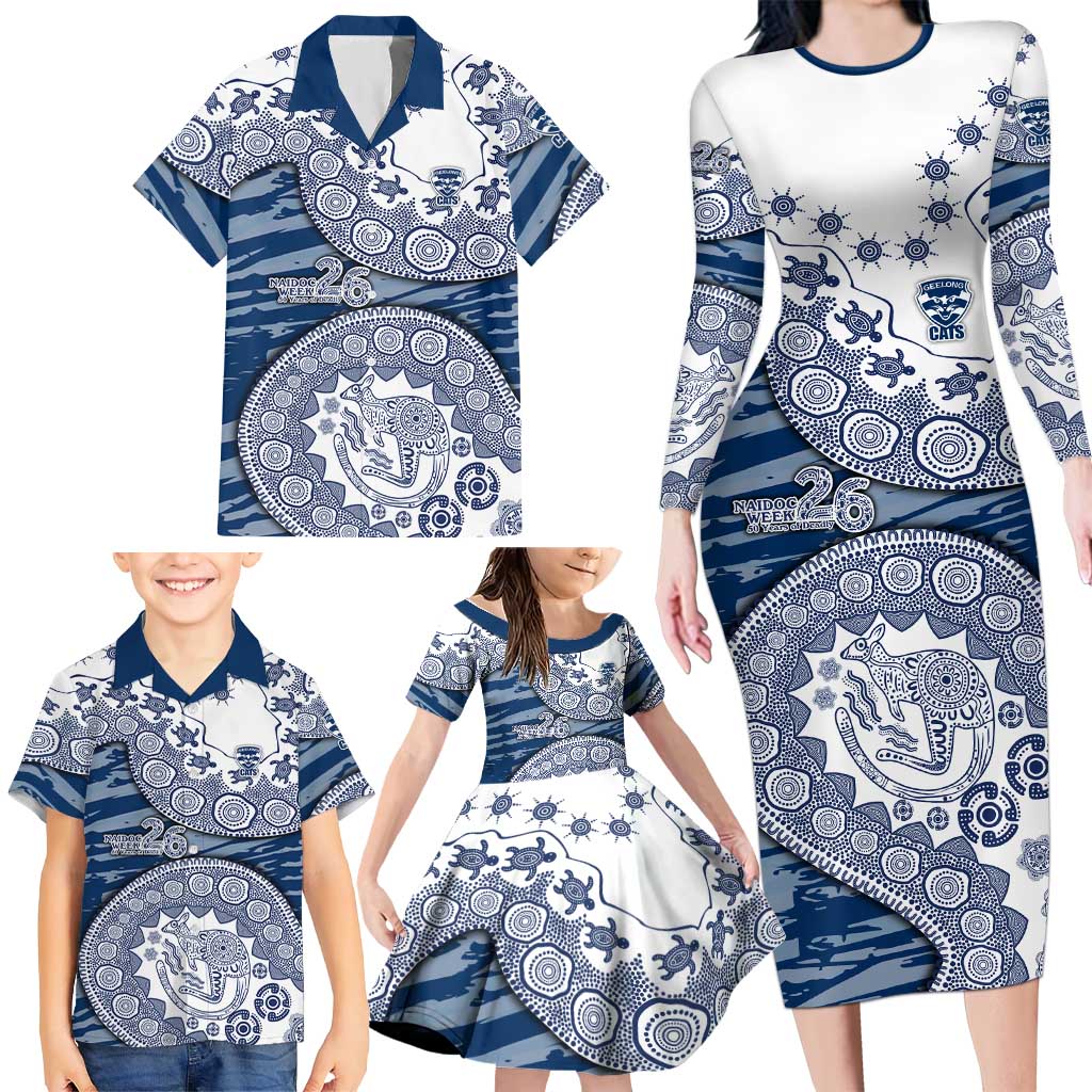 Geelong Cats NAIDOC Week 2026 Family Matching Long Sleeve Bodycon Dress and Hawaiian Shirt Australian Aboriginal Dot Art Dreamtime Pattern Style