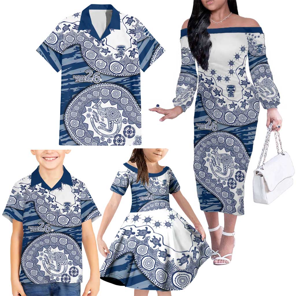 Geelong Cats NAIDOC Week 2026 Family Matching Off The Shoulder Long Sleeve Dress and Hawaiian Shirt Australian Aboriginal Dot Art Dreamtime Pattern Style