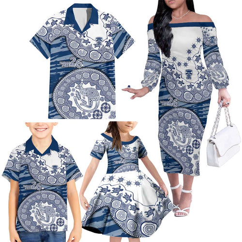 Geelong Cats NAIDOC Week 2026 Family Matching Off The Shoulder Long Sleeve Dress and Hawaiian Shirt Australian Aboriginal Dot Art Dreamtime Pattern Style