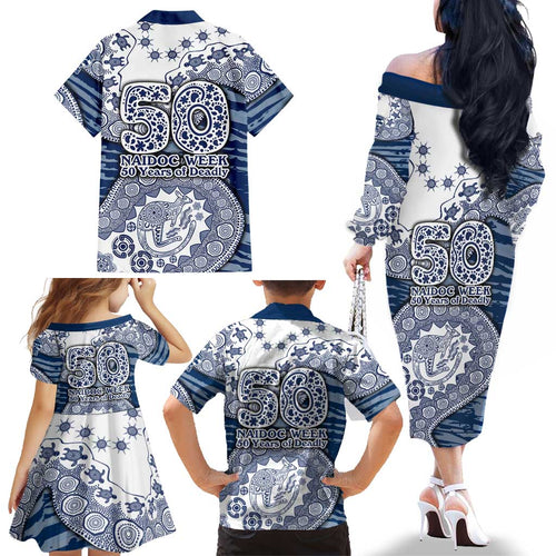 Geelong Cats NAIDOC Week 2026 Family Matching Off The Shoulder Long Sleeve Dress and Hawaiian Shirt Australian Aboriginal Dot Art Dreamtime Pattern Style