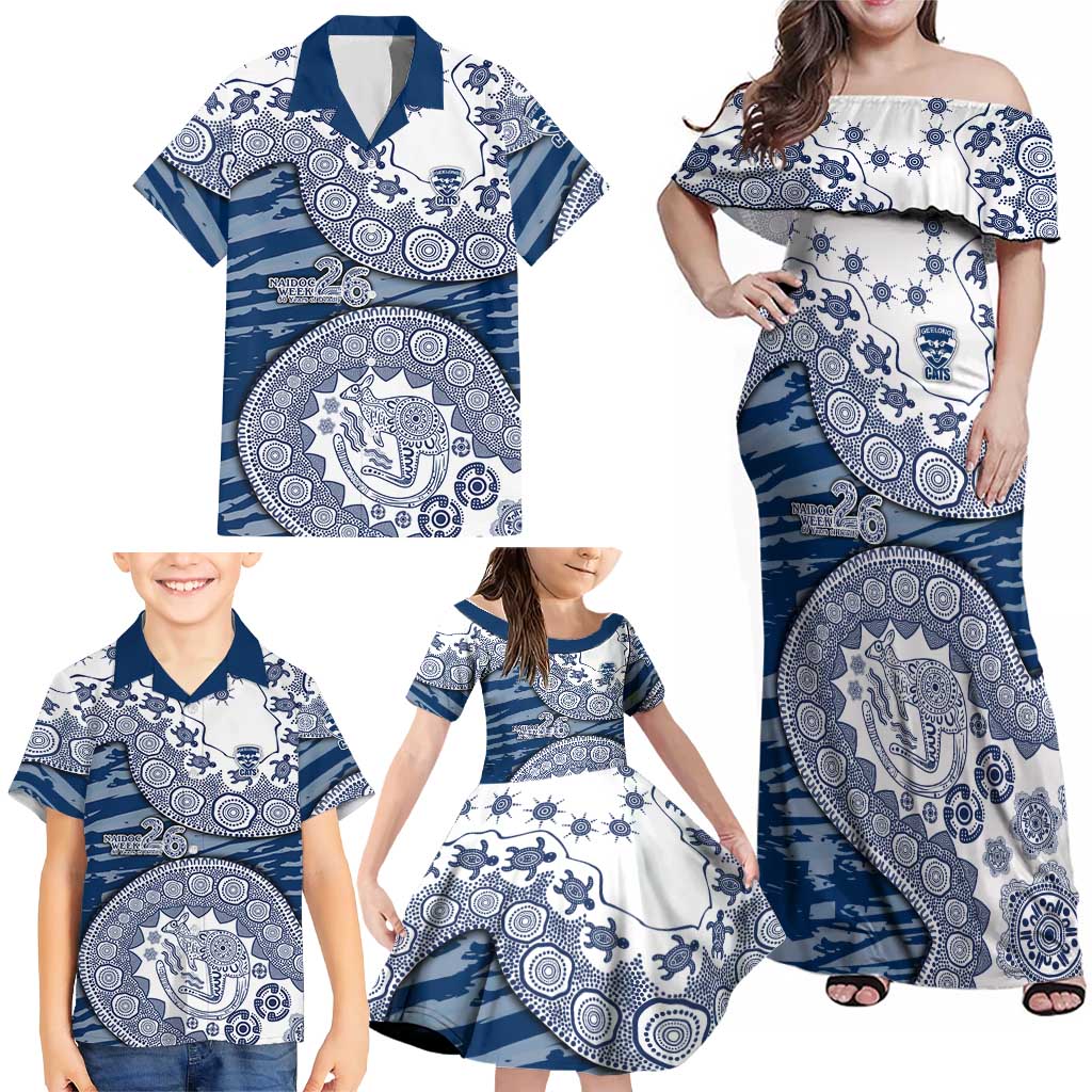 Geelong Cats NAIDOC Week 2026 Family Matching Off Shoulder Maxi Dress and Hawaiian Shirt Australian Aboriginal Dot Art Dreamtime Pattern Style