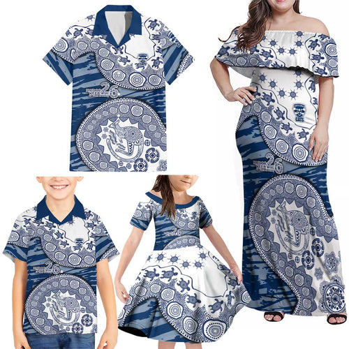 Geelong Cats NAIDOC Week 2026 Family Matching Off Shoulder Maxi Dress and Hawaiian Shirt Australian Aboriginal Dot Art Dreamtime Pattern Style