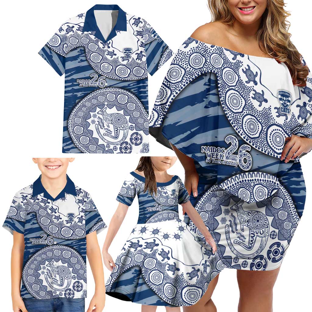 Geelong Cats NAIDOC Week 2026 Family Matching Off Shoulder Short Dress and Hawaiian Shirt Australian Aboriginal Dot Art Dreamtime Pattern Style
