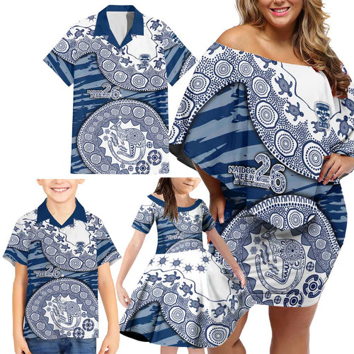Geelong Cats NAIDOC Week 2026 Family Matching Off Shoulder Short Dress and Hawaiian Shirt Australian Aboriginal Dot Art Dreamtime Pattern Style