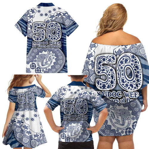 Geelong Cats NAIDOC Week 2026 Family Matching Off Shoulder Short Dress and Hawaiian Shirt Australian Aboriginal Dot Art Dreamtime Pattern Style