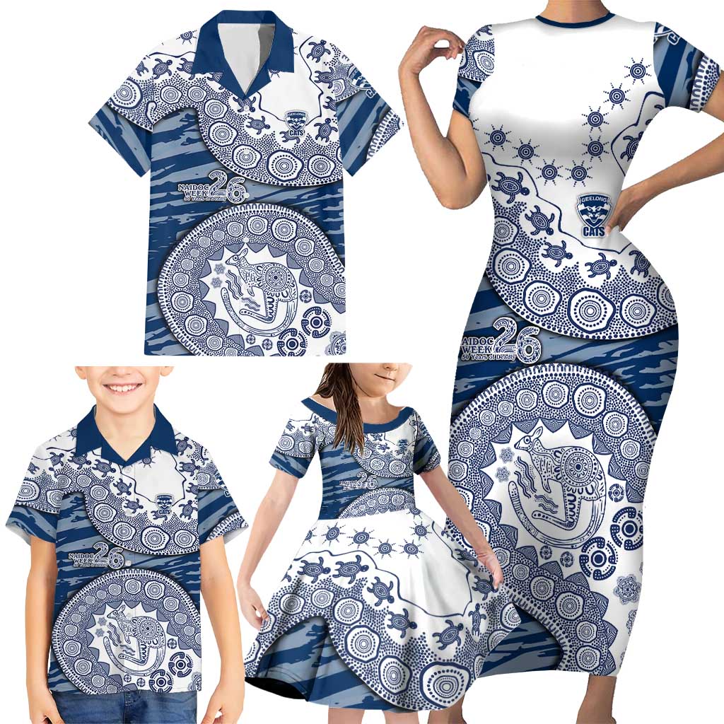 Geelong Cats NAIDOC Week 2026 Family Matching Short Sleeve Bodycon Dress and Hawaiian Shirt Australian Aboriginal Dot Art Dreamtime Pattern Style