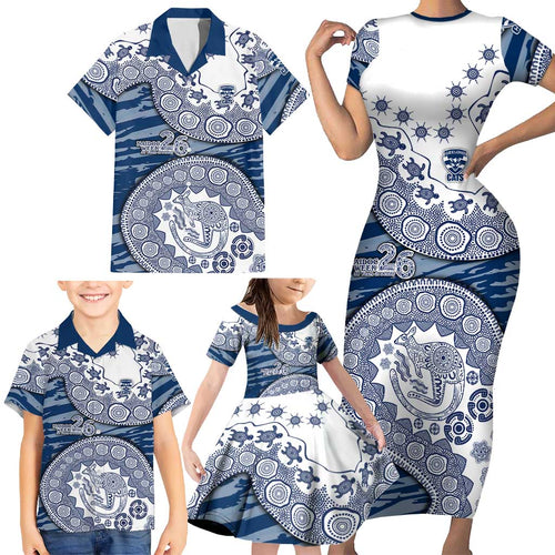 Geelong Cats NAIDOC Week 2026 Family Matching Short Sleeve Bodycon Dress and Hawaiian Shirt Australian Aboriginal Dot Art Dreamtime Pattern Style