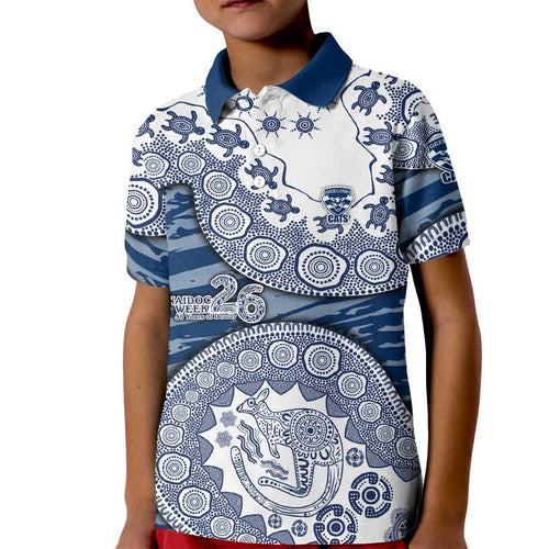 Geelong Cats NAIDOC Week 2026 Kid Polo Shirt Australian Aboriginal Dot Art Dreamtime Pattern Style