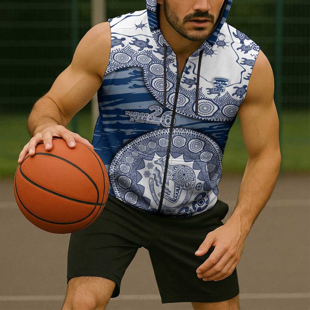 Geelong Cats NAIDOC Week 2026 Sleeveless Zip Hoodie Australian Aboriginal Dot Art Dreamtime Pattern Style