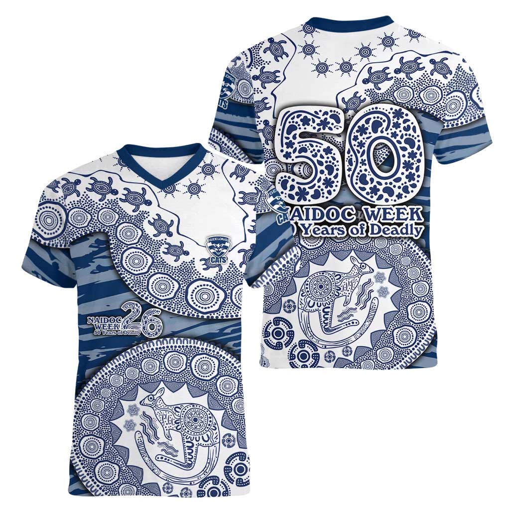 Geelong Cats NAIDOC Week 2026 Women V-Neck T-Shirt Australian Aboriginal Dot Art Dreamtime Pattern Style