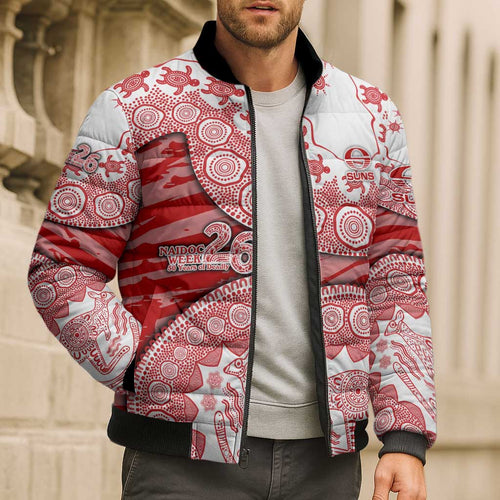Gold Coast Suns NAIDOC Week 2026 Bomber Puffer Jacket Australian Aboriginal Dot Art Dreamtime Pattern Style