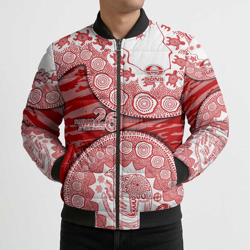 Gold Coast Suns NAIDOC Week 2026 Bomber Puffer Jacket Australian Aboriginal Dot Art Dreamtime Pattern Style