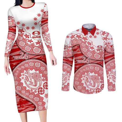 Gold Coast Suns NAIDOC Week 2026 Couples Matching Long Sleeve Bodycon Dress and Long Sleeve Button Shirt Australian Aboriginal Dot Art Dreamtime Pattern Style
