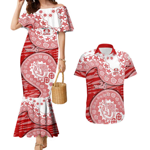 Gold Coast Suns NAIDOC Week 2026 Couples Matching Mermaid Dress and Hawaiian Shirt Australian Aboriginal Dot Art Dreamtime Pattern Style