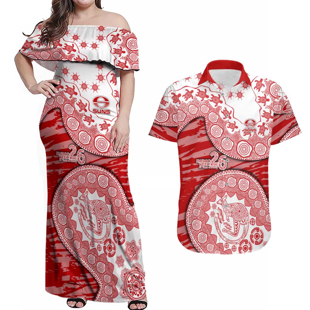 Gold Coast Suns NAIDOC Week 2026 Couples Matching Off Shoulder Maxi Dress and Hawaiian Shirt Australian Aboriginal Dot Art Dreamtime Pattern Style