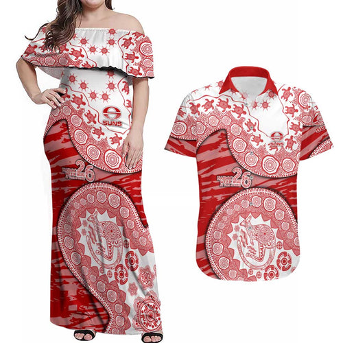 Gold Coast Suns NAIDOC Week 2026 Couples Matching Off Shoulder Maxi Dress and Hawaiian Shirt Australian Aboriginal Dot Art Dreamtime Pattern Style