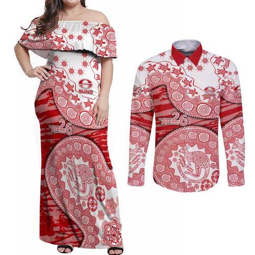 Gold Coast Suns NAIDOC Week 2026 Couples Matching Off Shoulder Maxi Dress and Long Sleeve Button Shirt Australian Aboriginal Dot Art Dreamtime Pattern Style