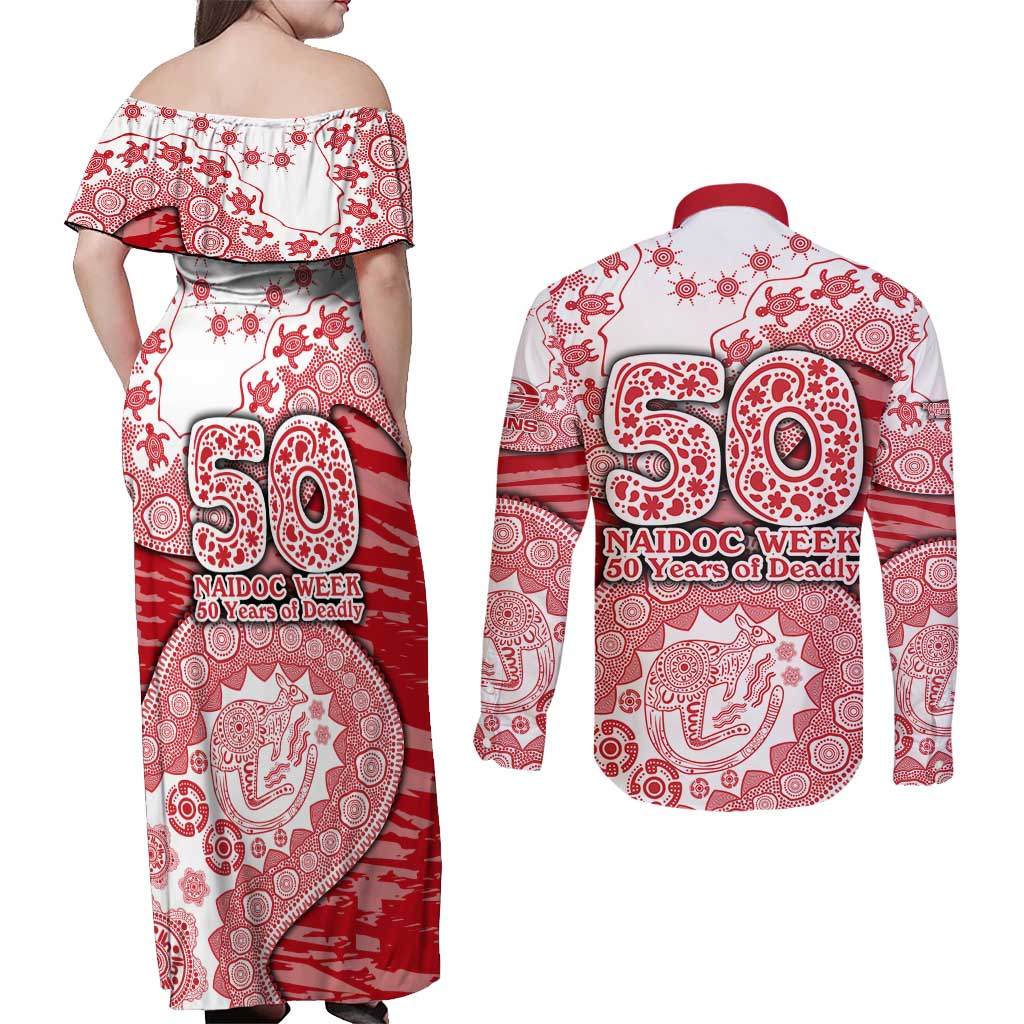 Gold Coast Suns NAIDOC Week 2026 Couples Matching Off Shoulder Maxi Dress and Long Sleeve Button Shirt Australian Aboriginal Dot Art Dreamtime Pattern Style