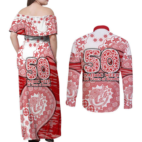 Gold Coast Suns NAIDOC Week 2026 Couples Matching Off Shoulder Maxi Dress and Long Sleeve Button Shirt Australian Aboriginal Dot Art Dreamtime Pattern Style
