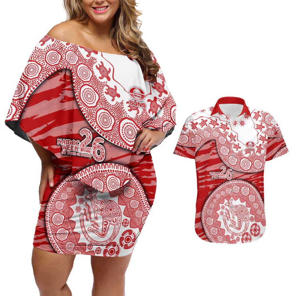 Gold Coast Suns NAIDOC Week 2026 Couples Matching Off Shoulder Short Dress and Hawaiian Shirt Australian Aboriginal Dot Art Dreamtime Pattern Style