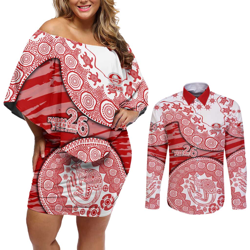 Gold Coast Suns NAIDOC Week 2026 Couples Matching Off Shoulder Short Dress and Long Sleeve Button Shirt Australian Aboriginal Dot Art Dreamtime Pattern Style