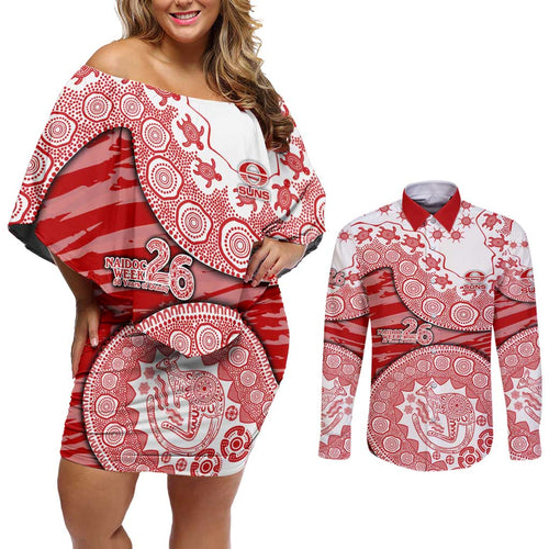 Gold Coast Suns NAIDOC Week 2026 Couples Matching Off Shoulder Short Dress and Long Sleeve Button Shirt Australian Aboriginal Dot Art Dreamtime Pattern Style