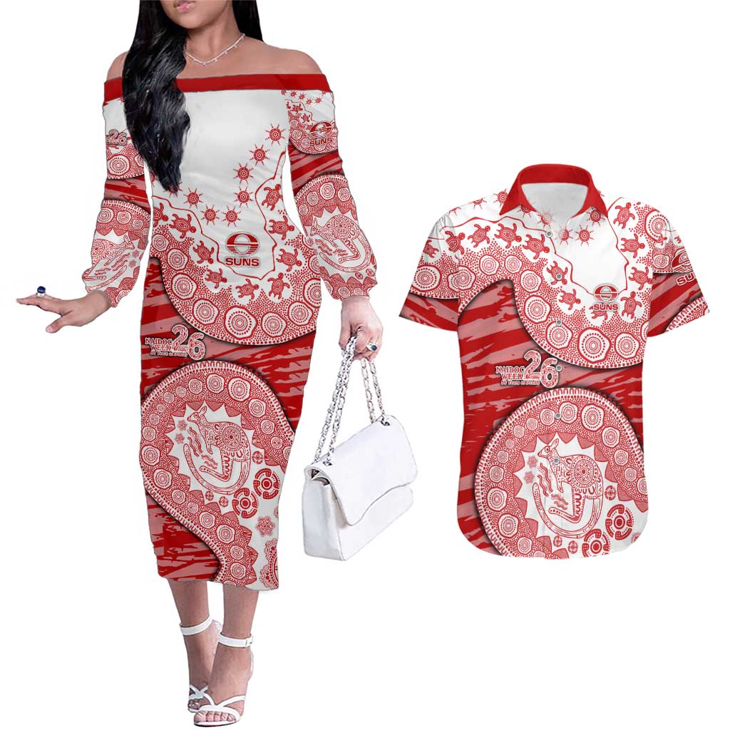 Gold Coast Suns NAIDOC Week 2026 Couples Matching Off The Shoulder Long Sleeve Dress and Hawaiian Shirt Australian Aboriginal Dot Art Dreamtime Pattern Style