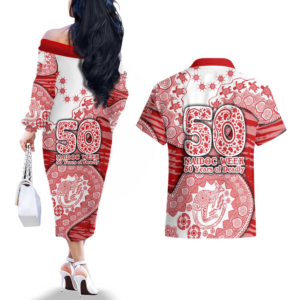 Gold Coast Suns NAIDOC Week 2026 Couples Matching Off The Shoulder Long Sleeve Dress and Hawaiian Shirt Australian Aboriginal Dot Art Dreamtime Pattern Style